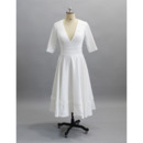 V-Neck Tea-Length Satin Bridal Dresses with Half Sleeves