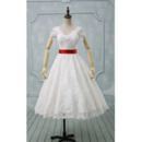 Inexpensive A-Line V-Neck Knee Length Lace Wedding Dress with Belt