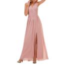 Inexpensive V-Neck Long Chiffon Lace Bridesmaid Dress with Slit