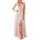 Custom V-Neck Floor Length Chiffon Lace Bridesmaid Dress with Slit
