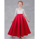 A-Line Long Lace Satin Flower Girl Dresses with Half Sleeves