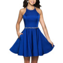 A-Line Halter Short Satin Backless Homecoming Dresses