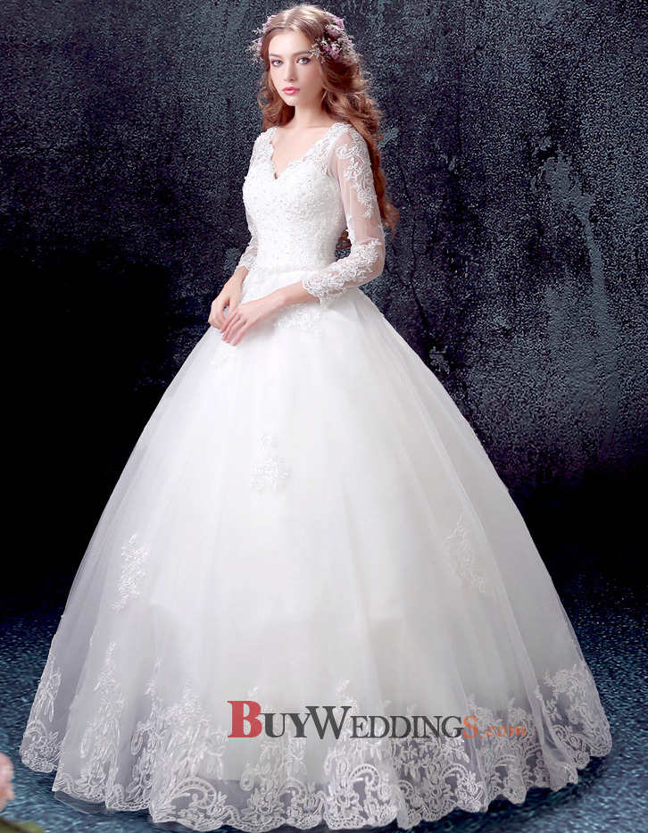 Custom Ball Gown V-Neck Floor Length Wedding Dresses with Long Sleeves